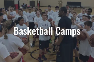Text:Basketball Camps, Image: Instructor talking to camp players
