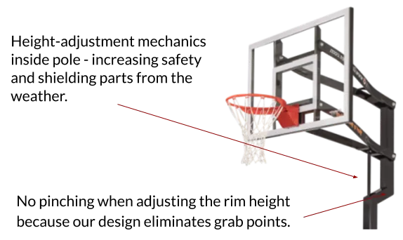 Height-adjustment mechanics inside pole - increasing safety and shielding parts from the weather. No pinching when adjusting the rim height because our design eliminates grab points.