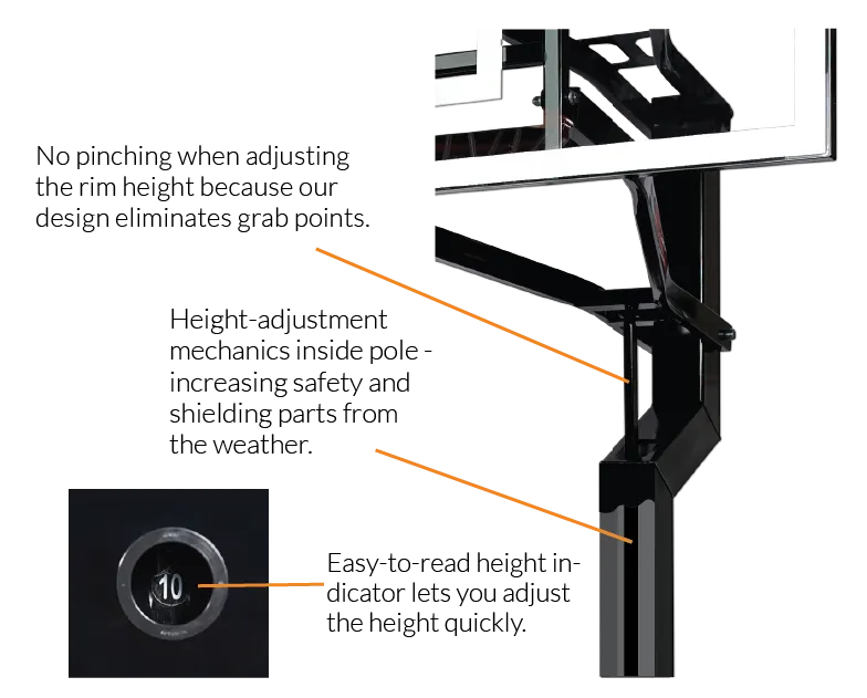 Height adjustment mechanics inside pole increasing safety and protecting from weather. Easy to read height indicator.